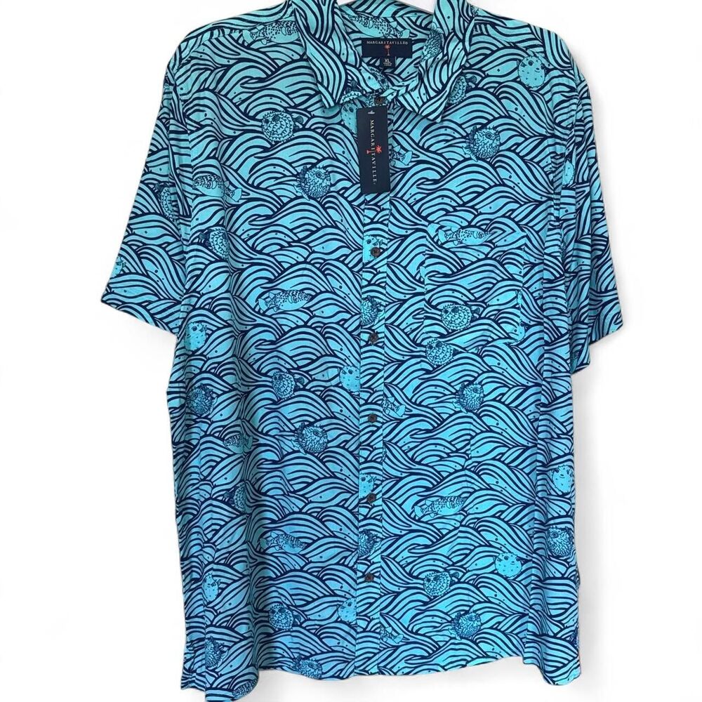 Margaritaville Aruba Blue Button Up Shirt Waves Marine Design Rayon XL